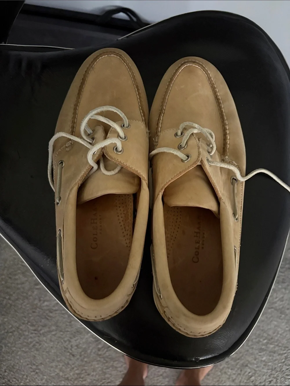 Cole Haan Men's Tan Nubuck Boat Shoes with White Laces